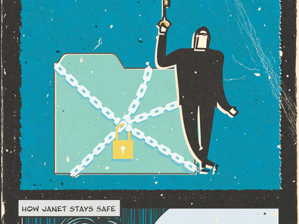 A figure unlocks a chain with a key, symbolizing encryption unlocking.